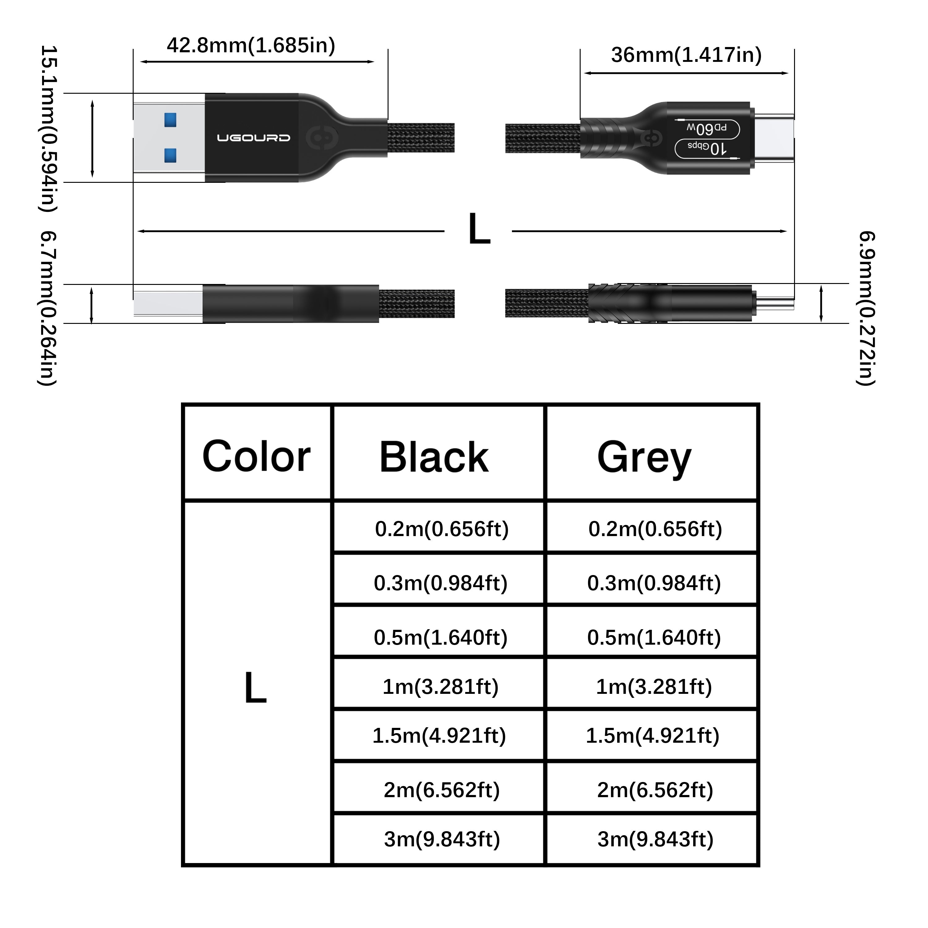 USB3.2 Gen2 USB-A dan Type-C kabel, 10Gbps ma'lumot uzatish tezligi, 20V3A 60W maksimal quvvat uzatish. Telefon, Pad, iPhone15 Pro Max, iPad, noutbuk, PC, SSD qutisi bilan mos keladi.