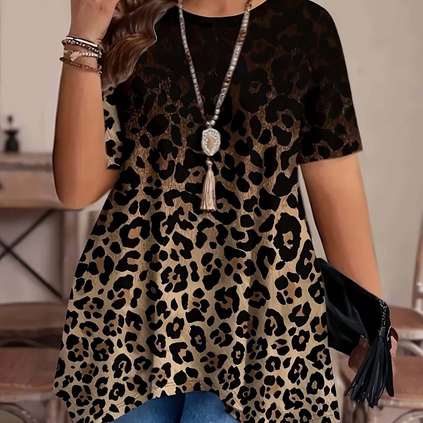 Women's Leopard Print Short Sleeve T-Shirt Blue Brown Plus Size Casual