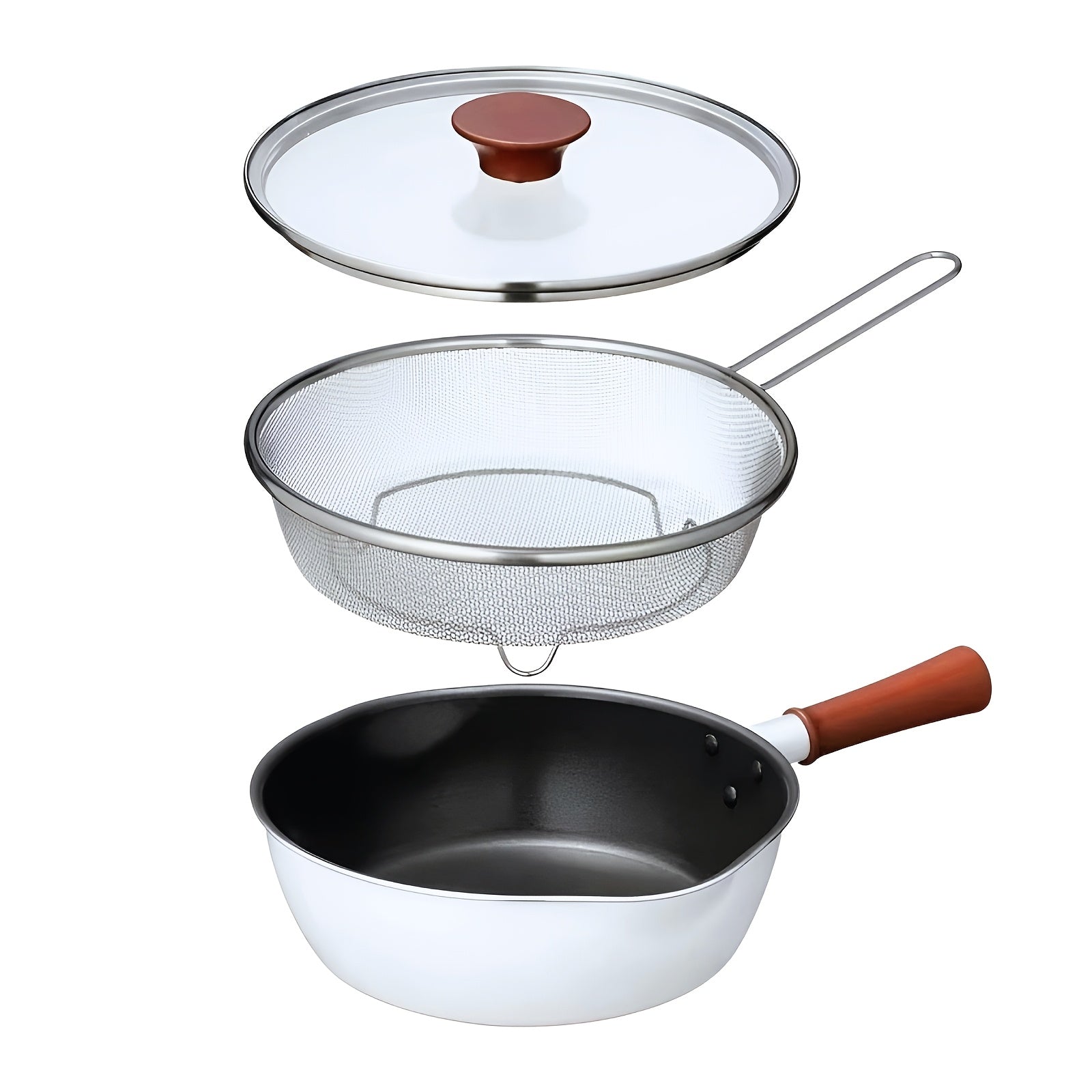 Stainless Steel Fry Pan with Strainer and Lid for Tempura and Fries