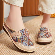 Women's Linen Slippers With Embroidered Colorful Pattern, Soft Sole, Casual
