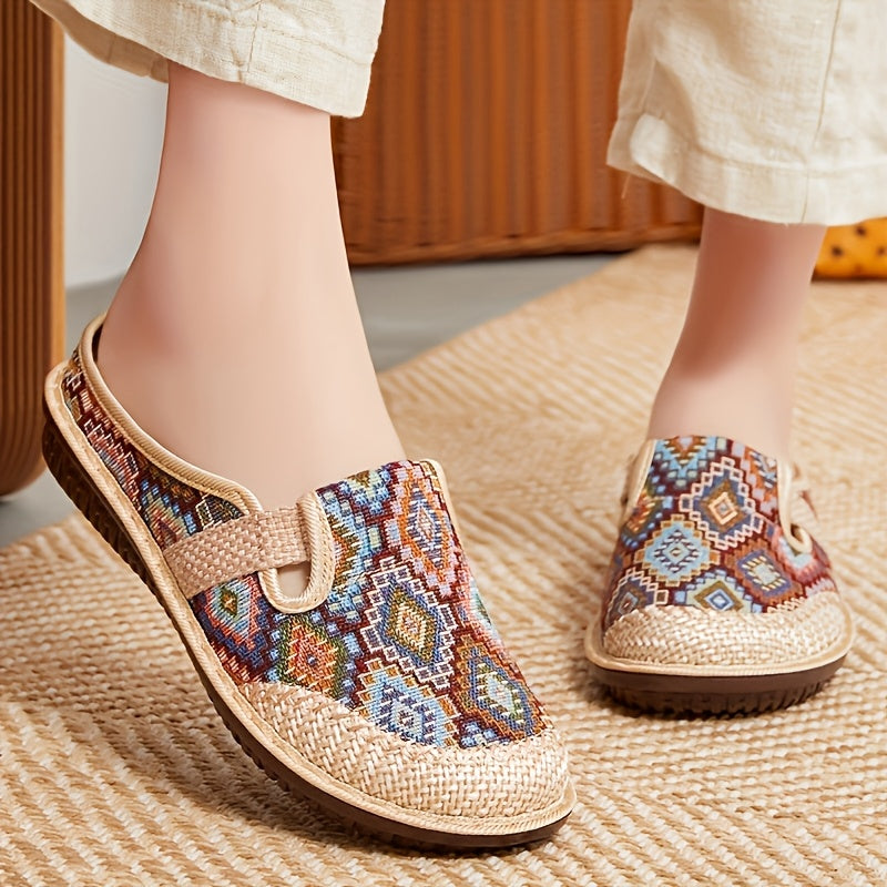 Women's Linen Slippers With Embroidered Colorful Pattern, Soft Sole, Casual