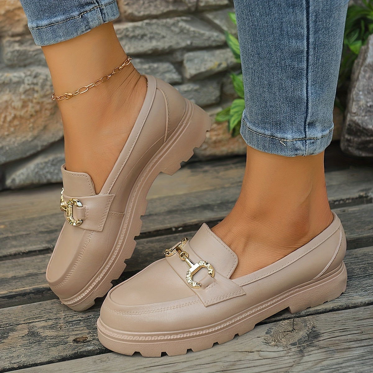 Women Golden Metallic Loafers Slip-On Round Toe Casual Formal Shoes