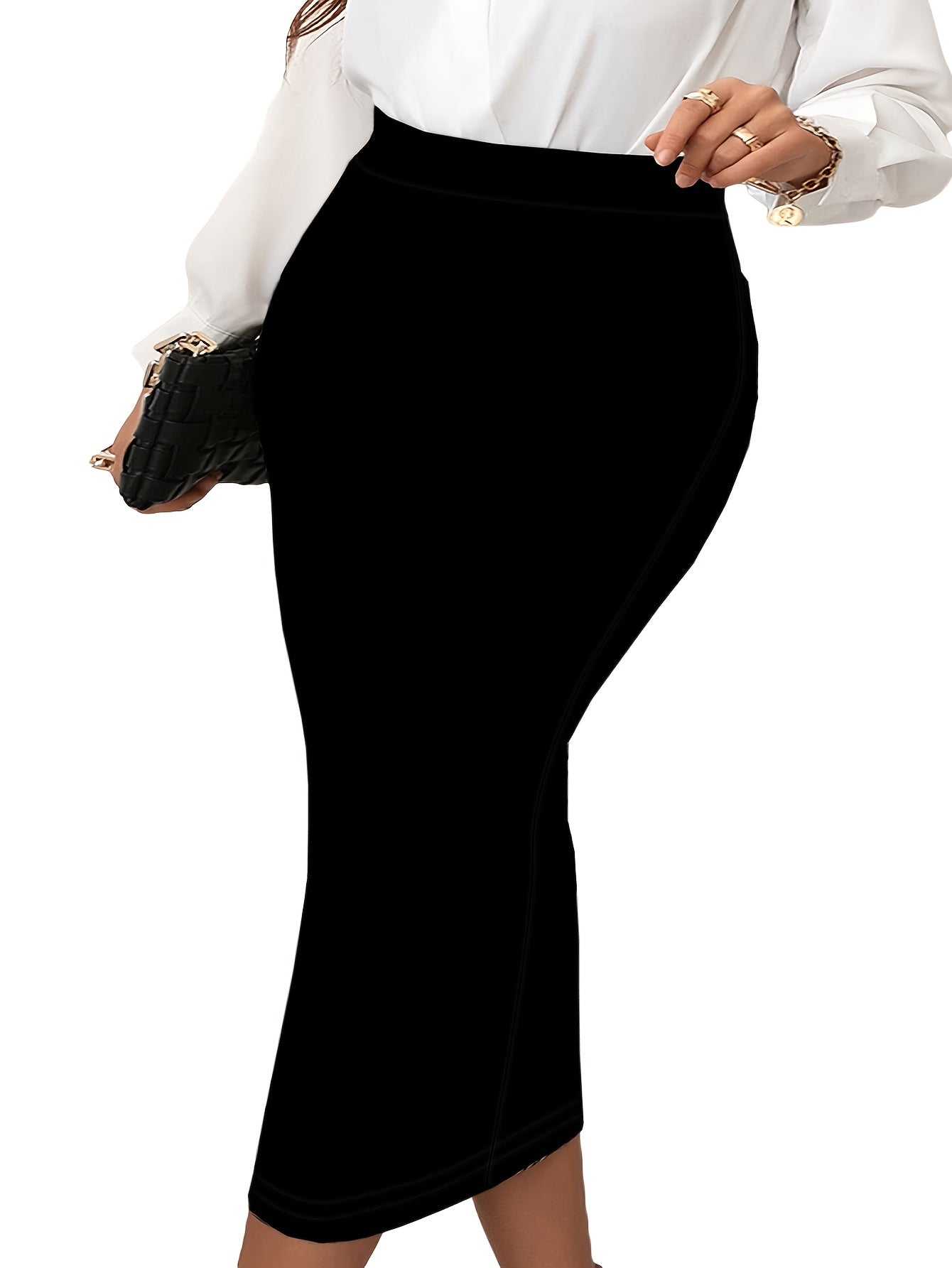 Women's Plus Size Stretchy Midi Skirt Black Elastic Waist Comfortable