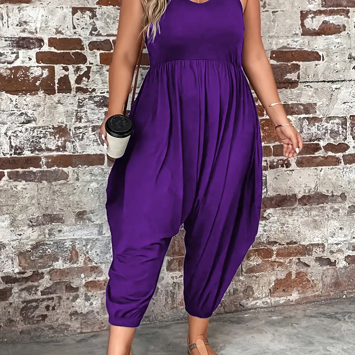 Plus Size Women's Sleeveless Romper Solid Color Loose-Fit Casual Clothing