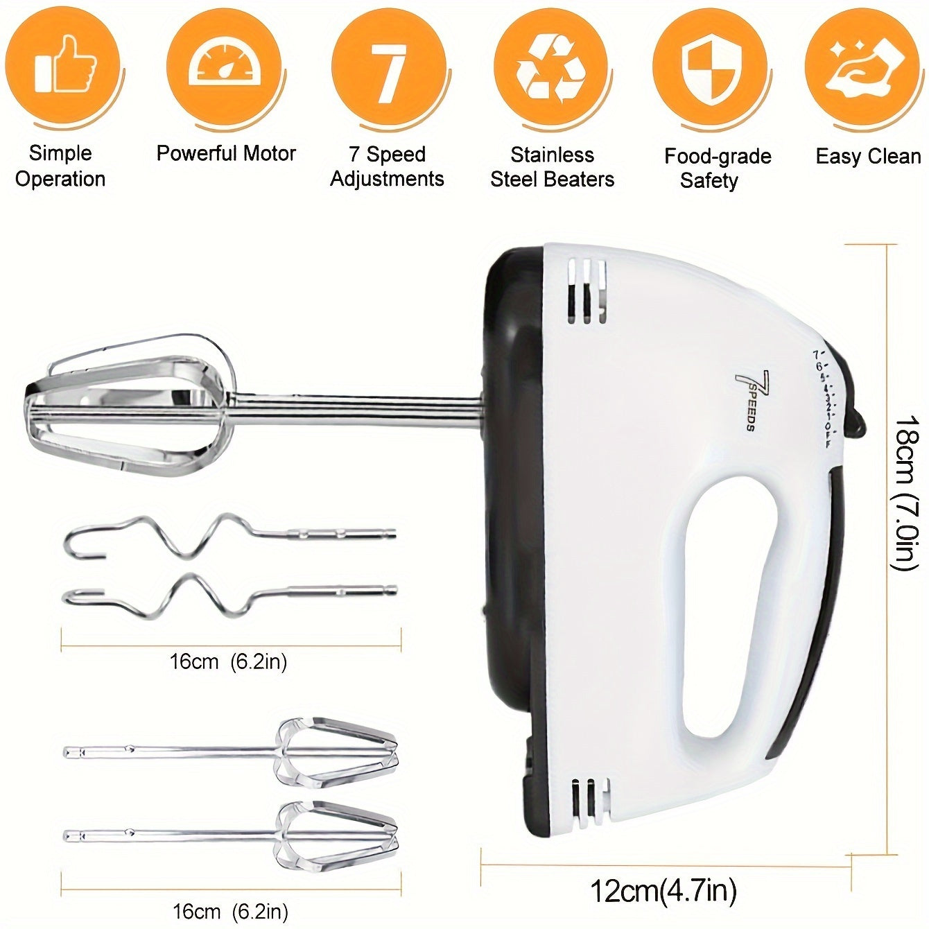 7-Speed Electric Hand Mixer with Stainless Steel Beaters Compact Food-Grade Safe for Baking
