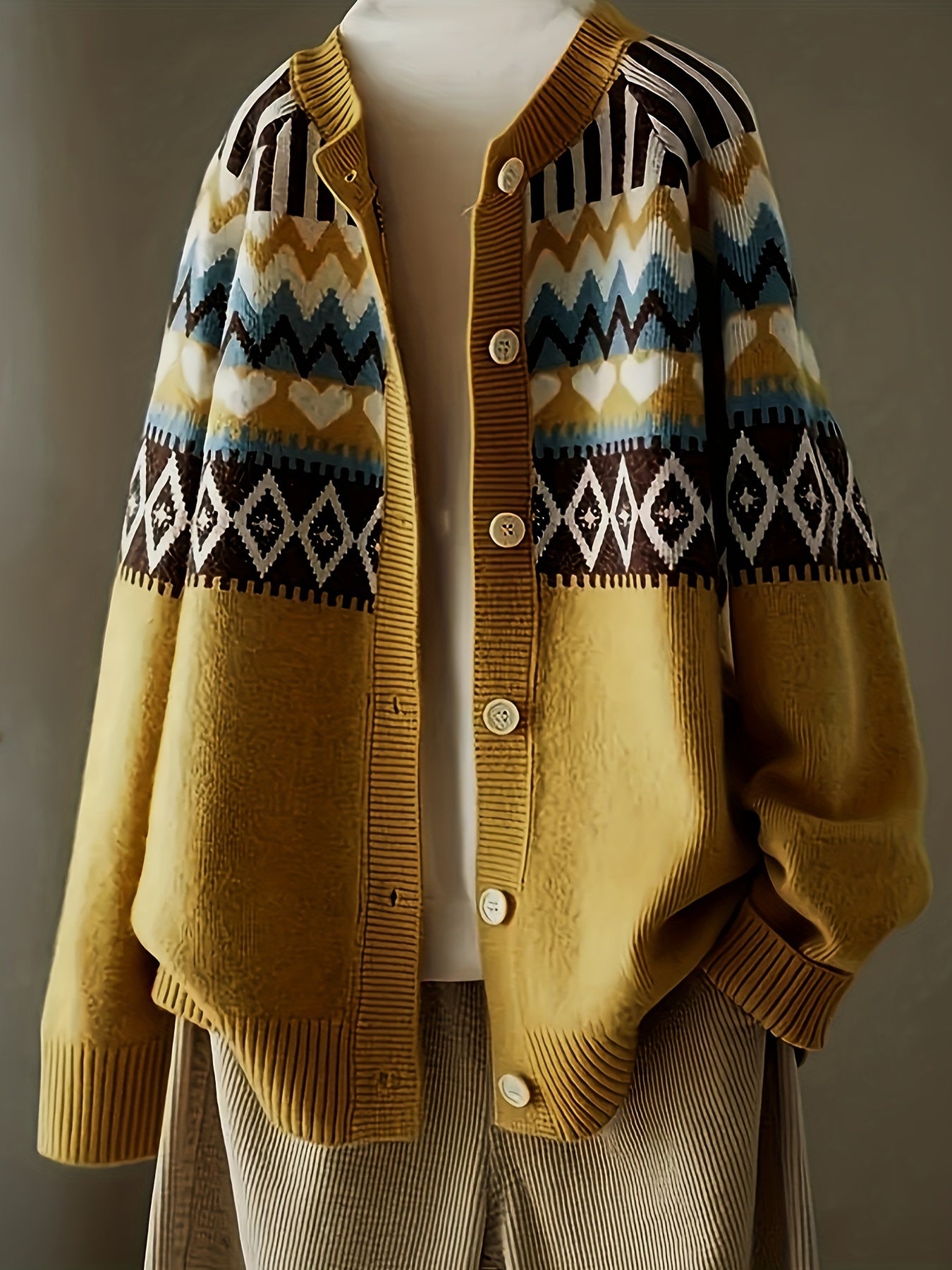 Women's Plus Size Ethnic Geometric Button Front Cardigan Long Sleeve Sweater Fall Winter