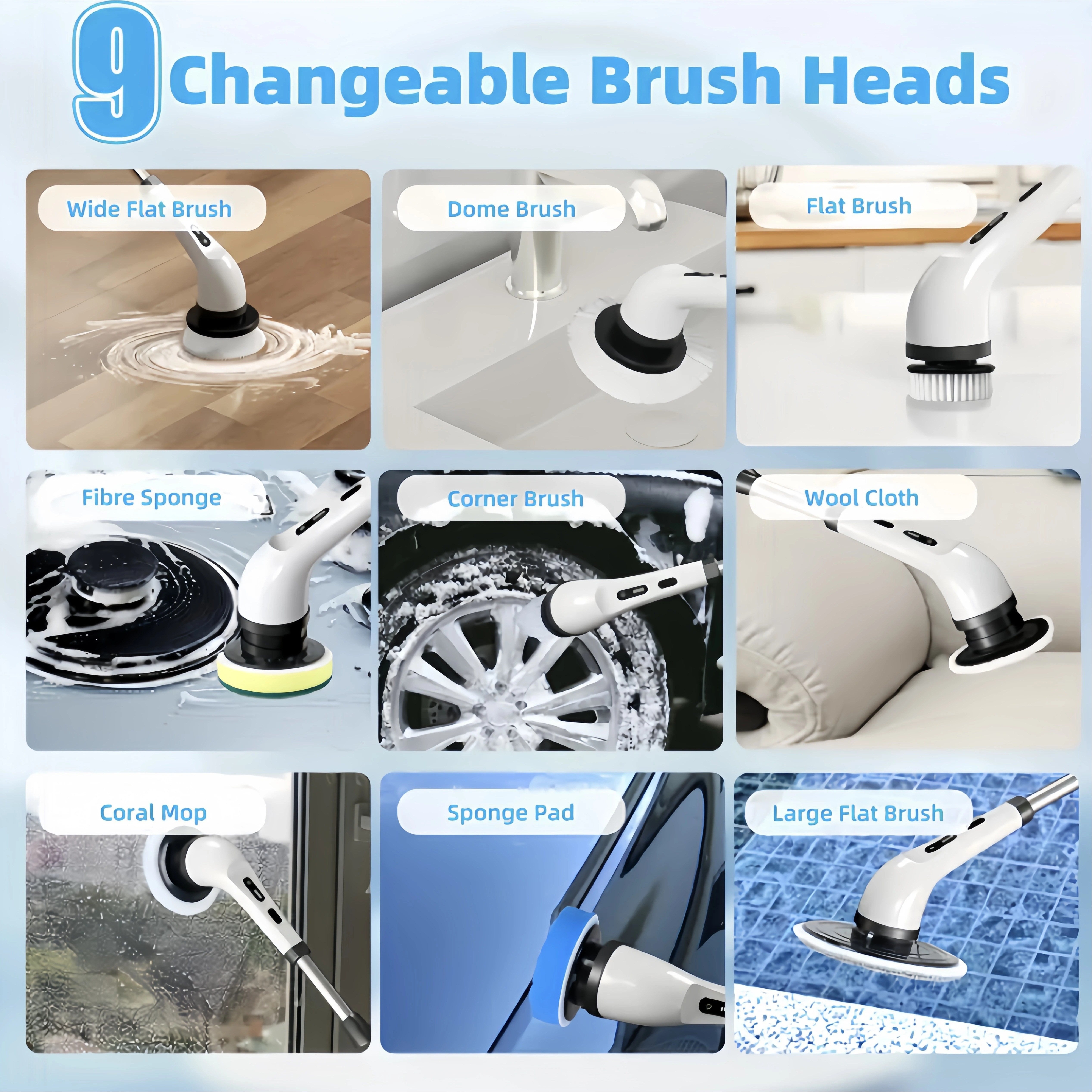 Elektr tozalash cho'tkasi to'qqizta bir joyda qo'l bilan ishlatiladigan ko'p funksiyali uzun tutqichli tortiladigan elektr cho'tka mopu to'plami