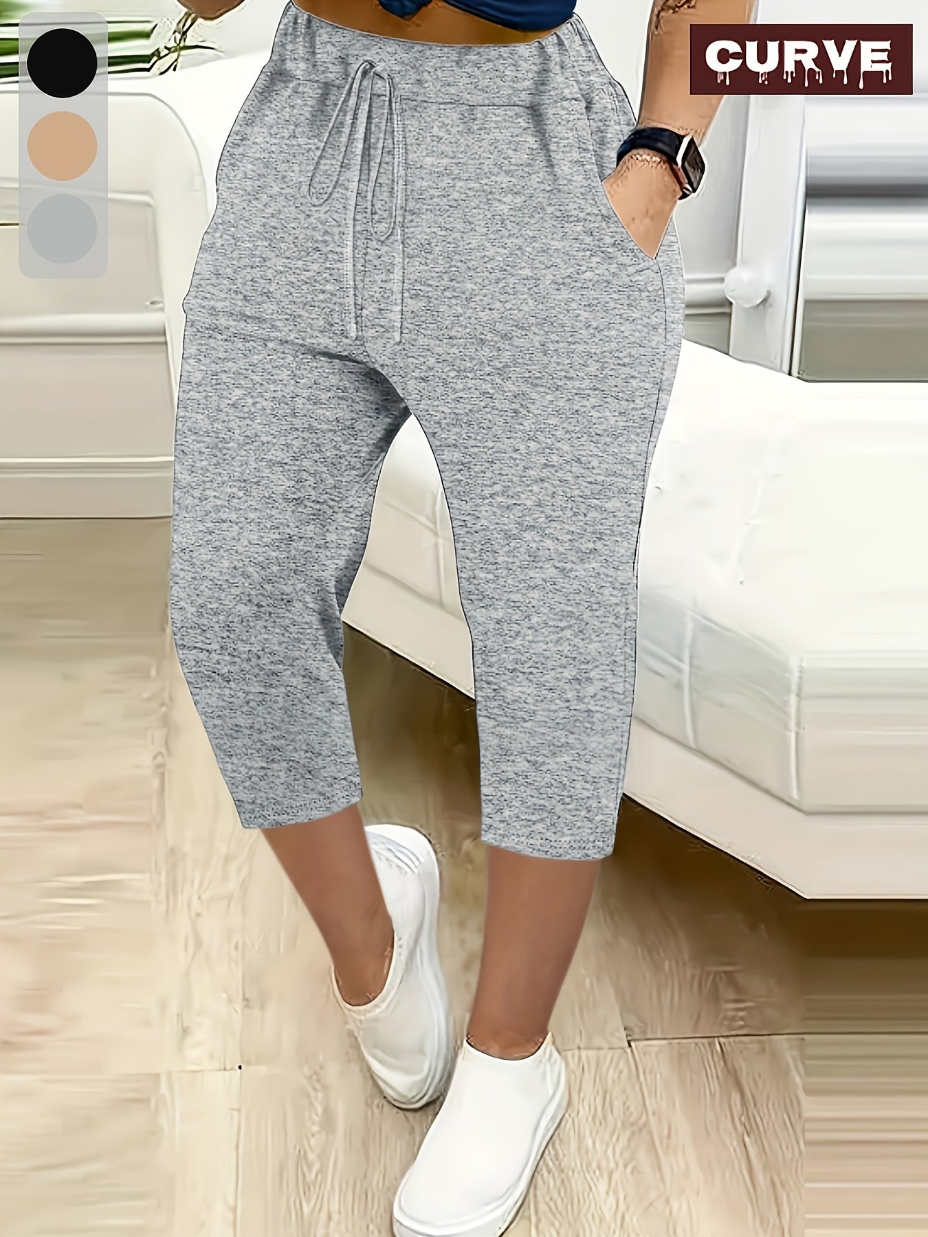 Women Plus Size Elastic Waist Drawstring Capri Pants Solid Color Lounge Trousers