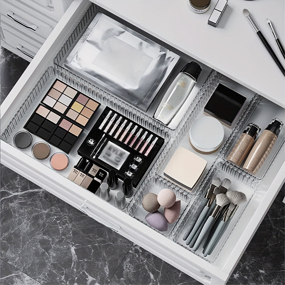 Stackable Clear Drawer Organizer Set in 4 Sizes for Makeup Skincare Stationery Storage