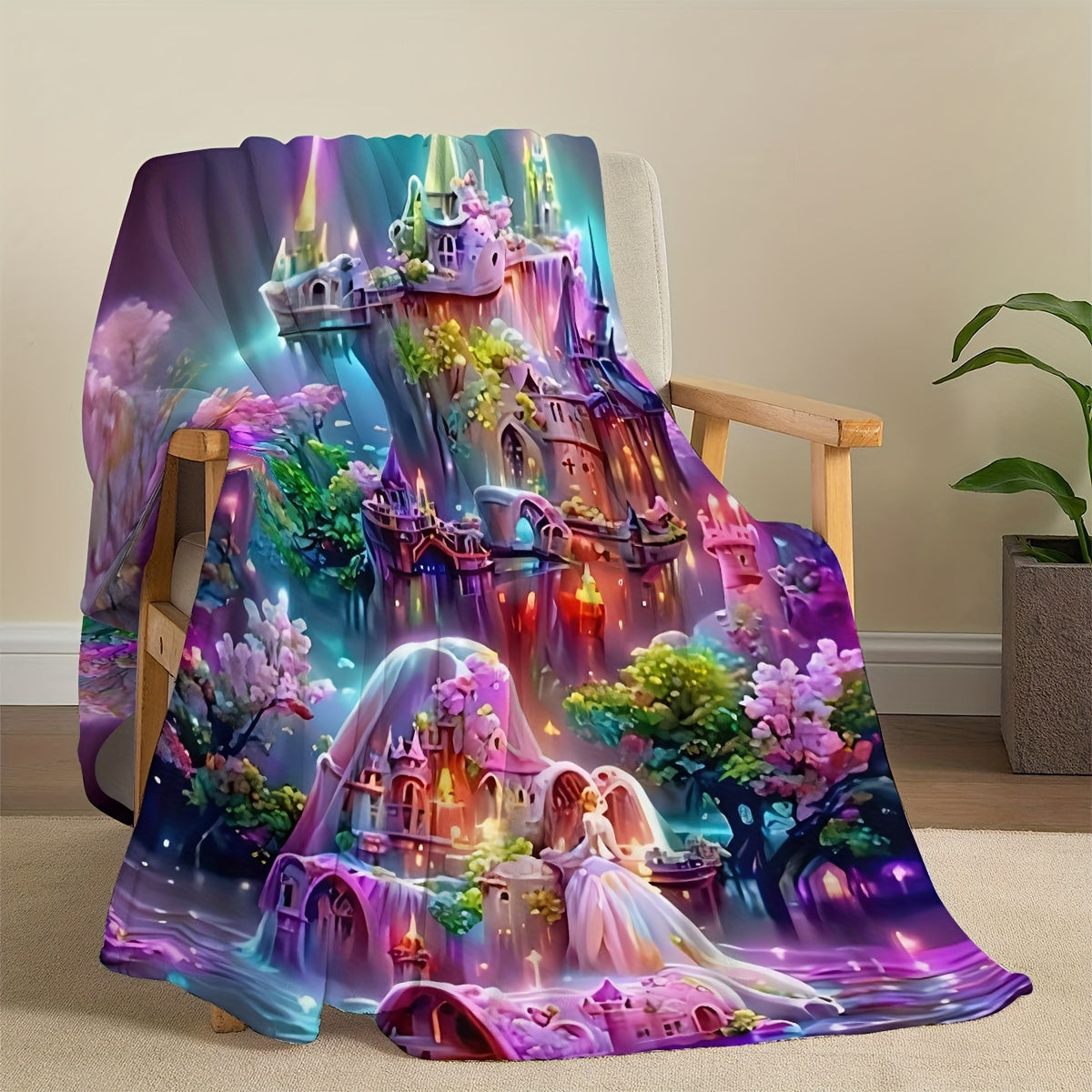 Soft Flannel Blanket Fairy Forest Night View Castle for Home Camping Office