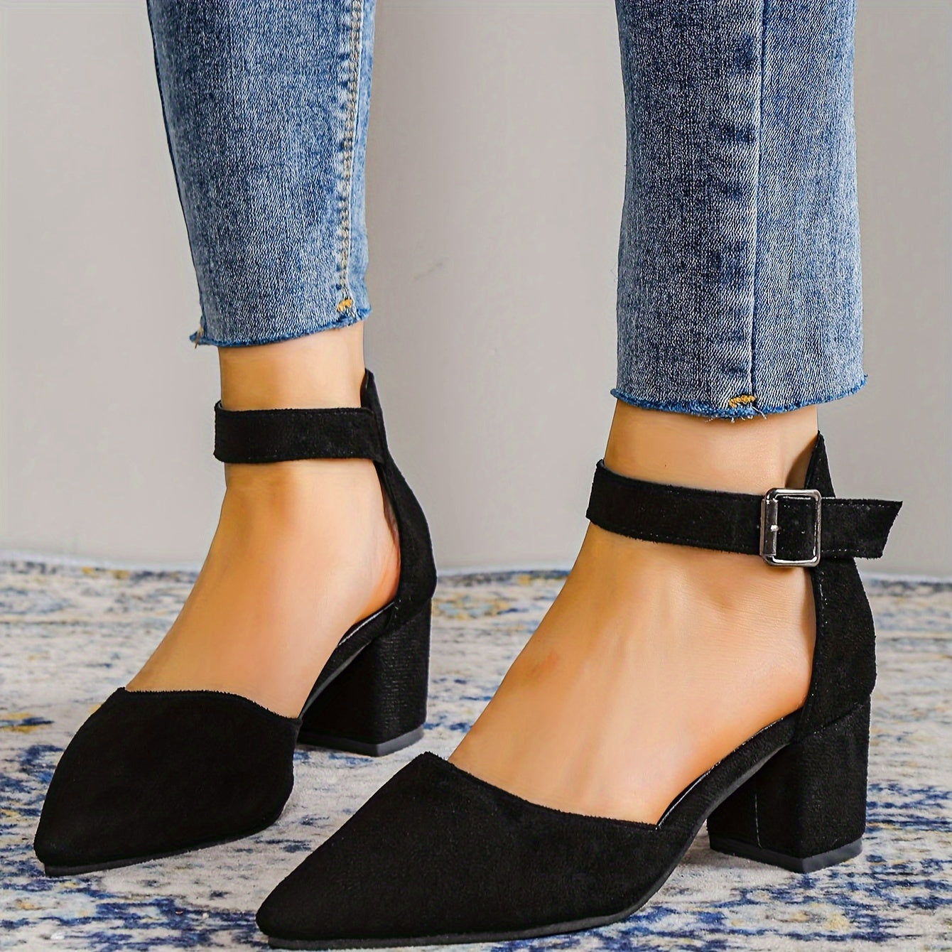 Women's Dress Shoes with Block Heel Ankle Strap Pointed Toe Solid Color Mid Heel