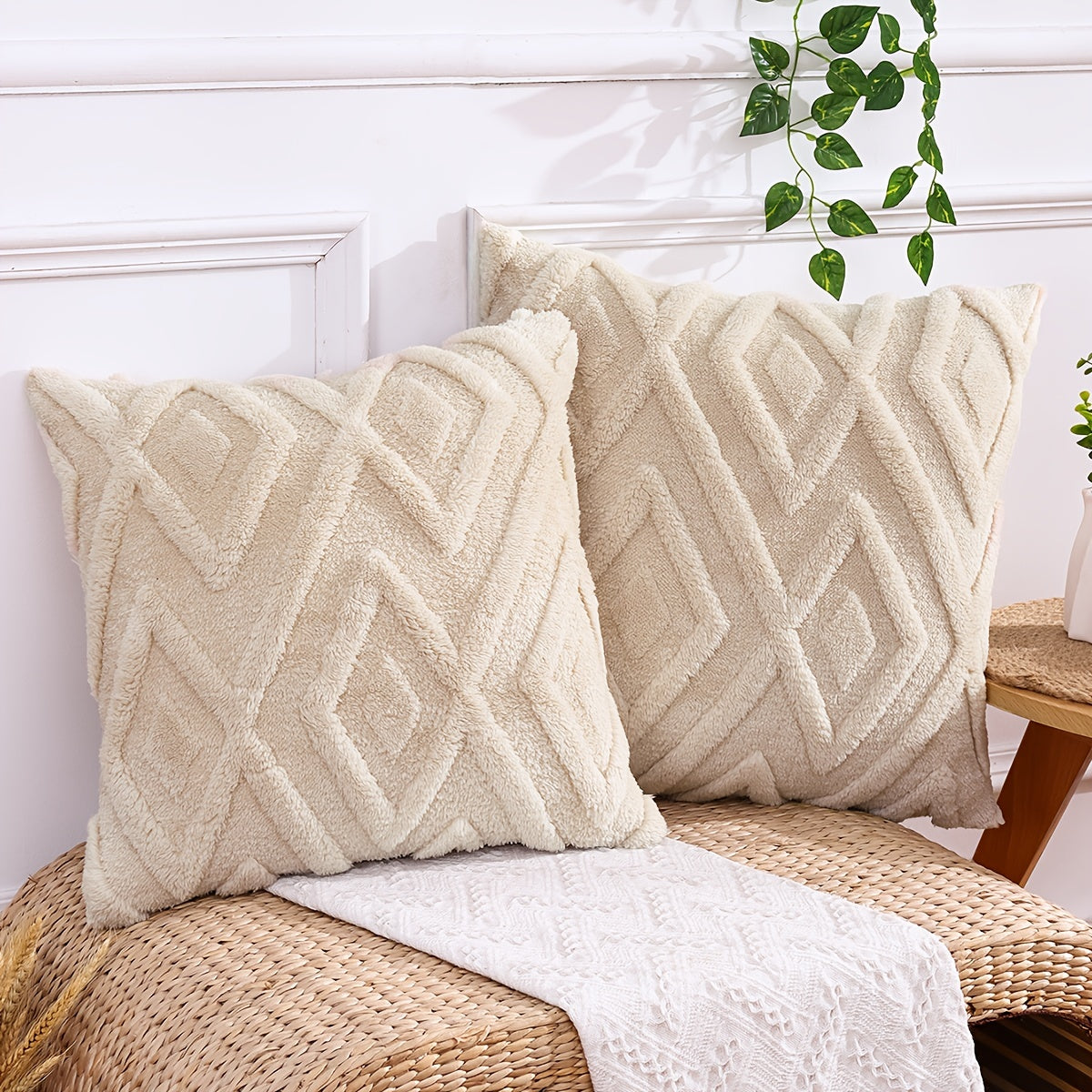 Pair of Beige Geometric Pattern Throw Pillow Covers 100% Polyester Zipper Closure
