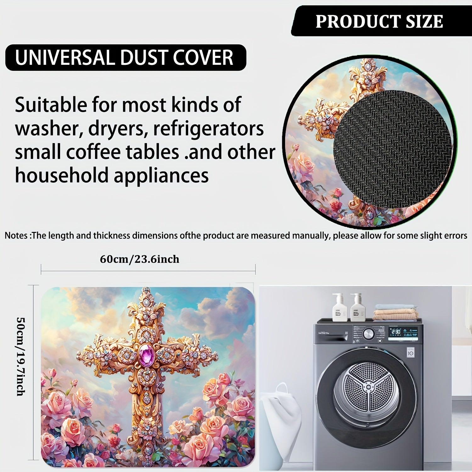 Rose Printed Washing Machine Dust Cover with Non-Slip Top Mat for Laundry Room