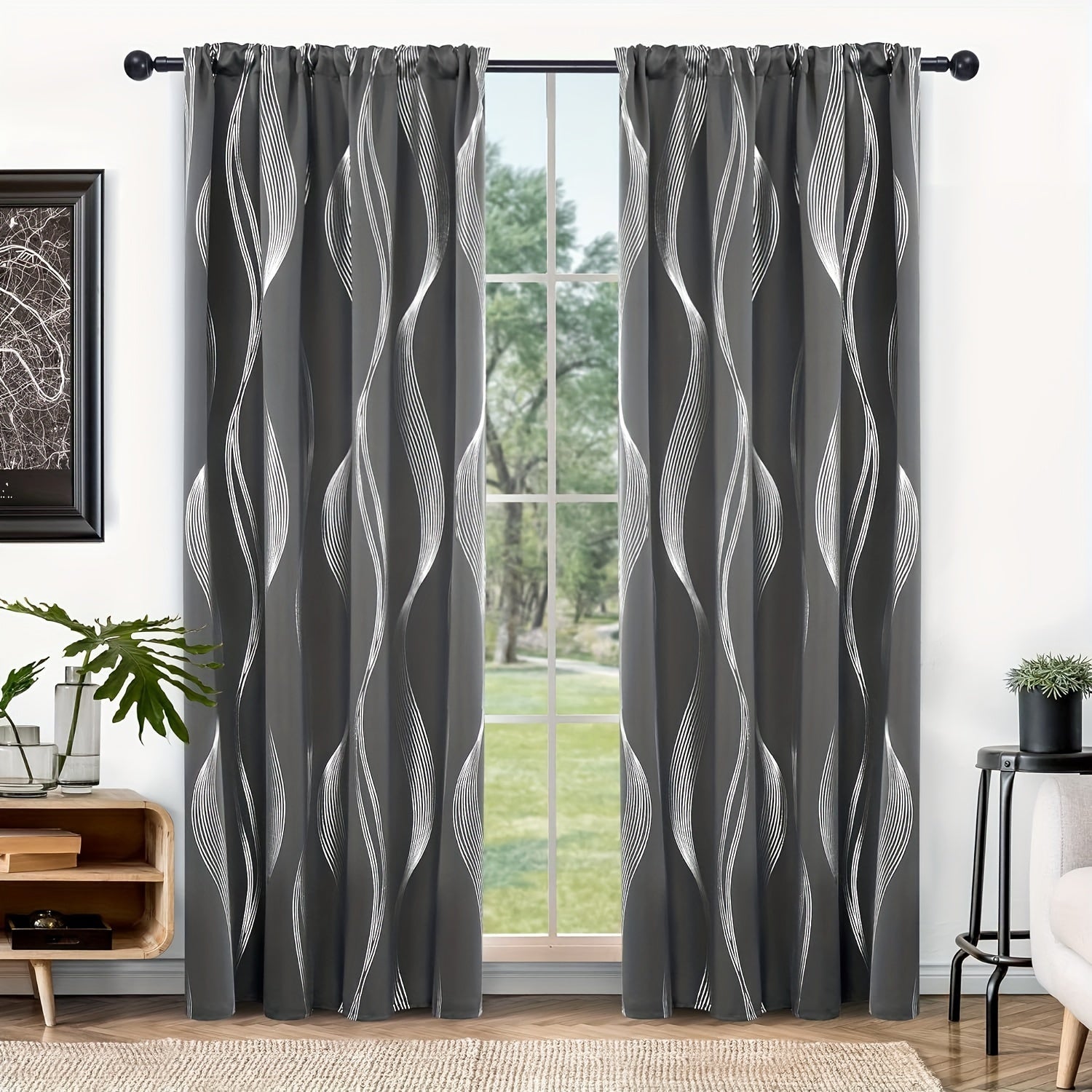 Contemporary Blackout Curtains 2 Pieces Woven Polyester Grommet Top Room Darkening