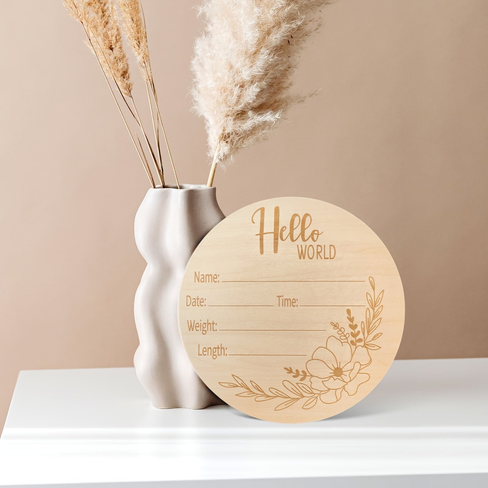Wooden Plaque for Newborns Engraved Hello World Baby Announcement Display Gift
