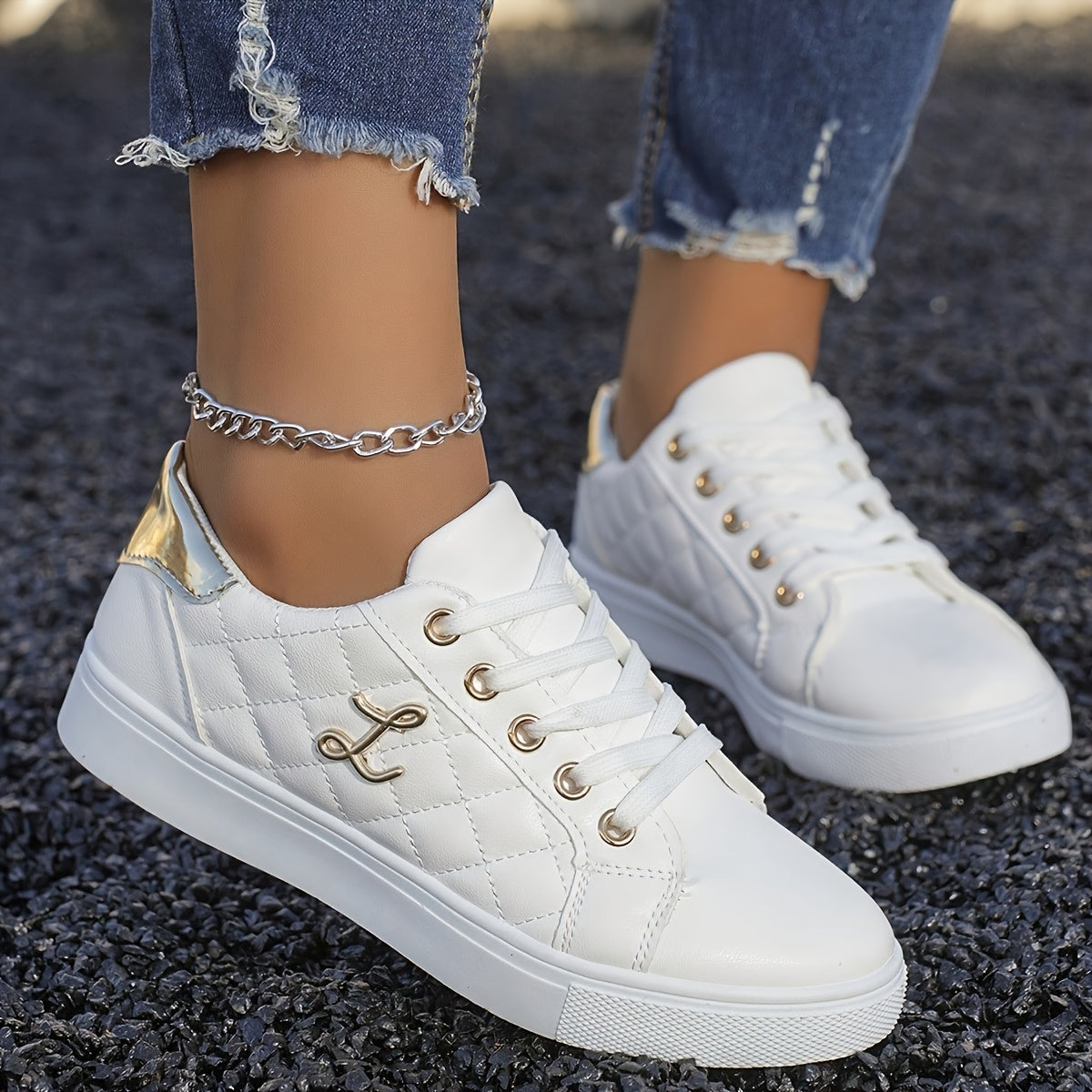 Women's Quilted Lightweight Sneakers Black White Golden Non-Slip Sole