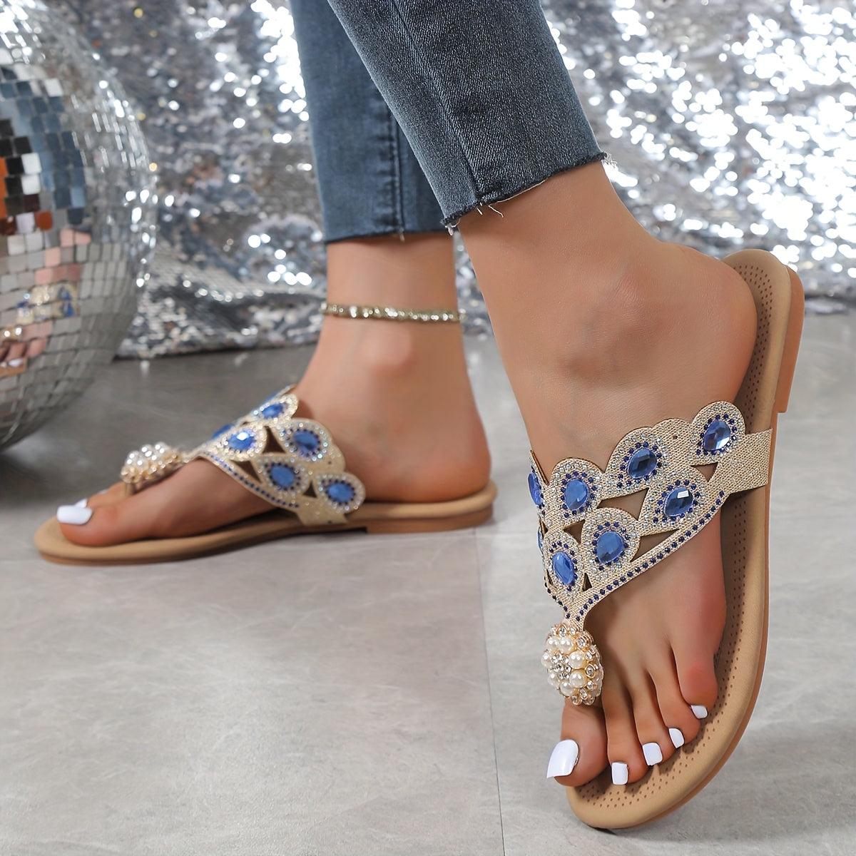 Women's Rhinestone Pearl Flat Sandals Sparkling Summer Slip-On Comfortable Adjustable Strap