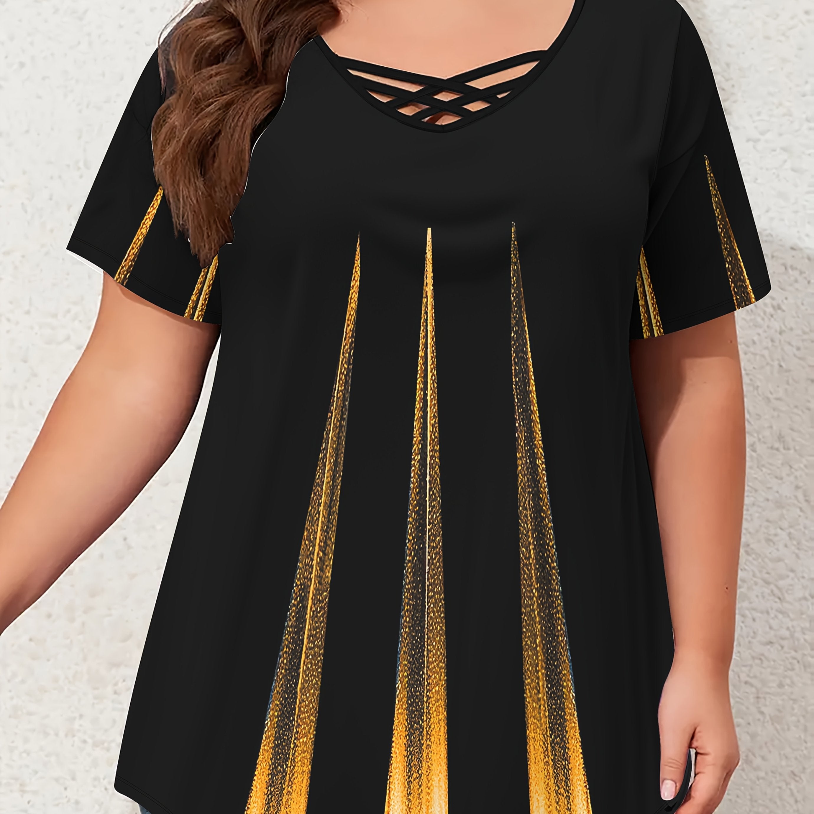 Women's Plus Size Short Sleeve T-Shirt Black Orange Glitter Open Back