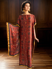 Платье большого размера для женщин с цветочным принтом и шарфом, бордовый с золотым, этнический стиль