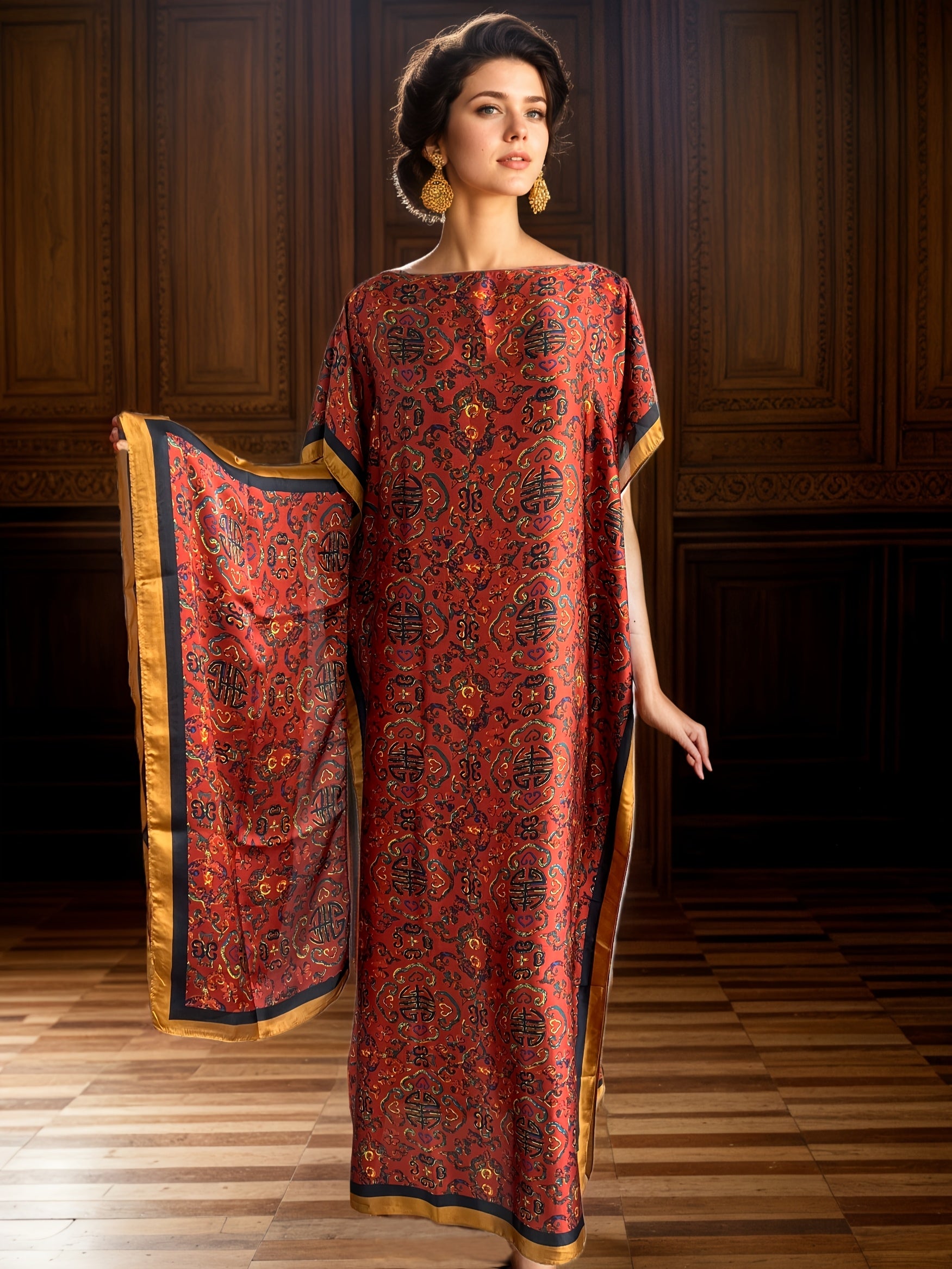 Платье большого размера для женщин с цветочным принтом и шарфом, бордовый с золотым, этнический стиль