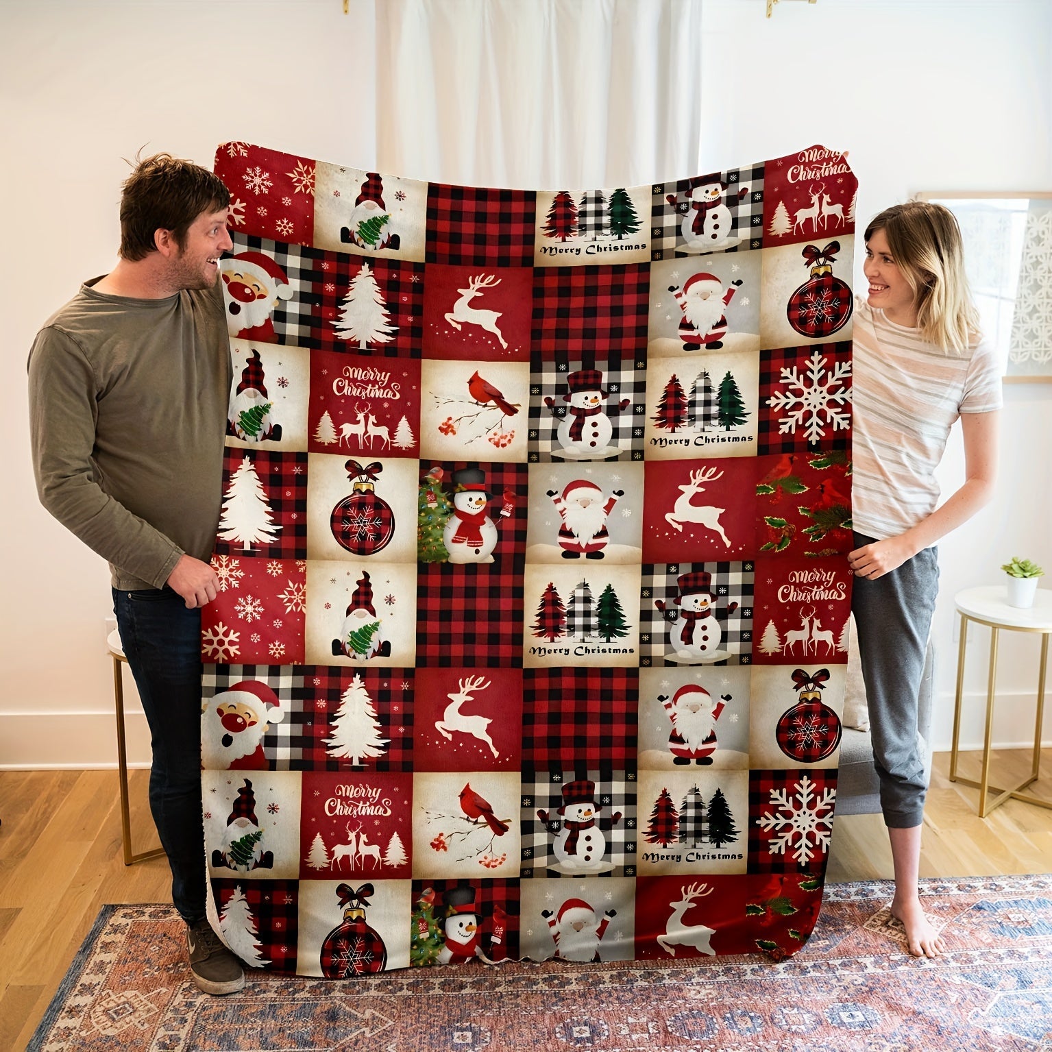 Cozy Christmas Flannel Throw Blanket for Couch Bed Office Travel Stylish Geometric Pattern