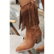 Women’s Pointed Toe Fringe Western Cowboy Boots Fabric With Rubber Sole