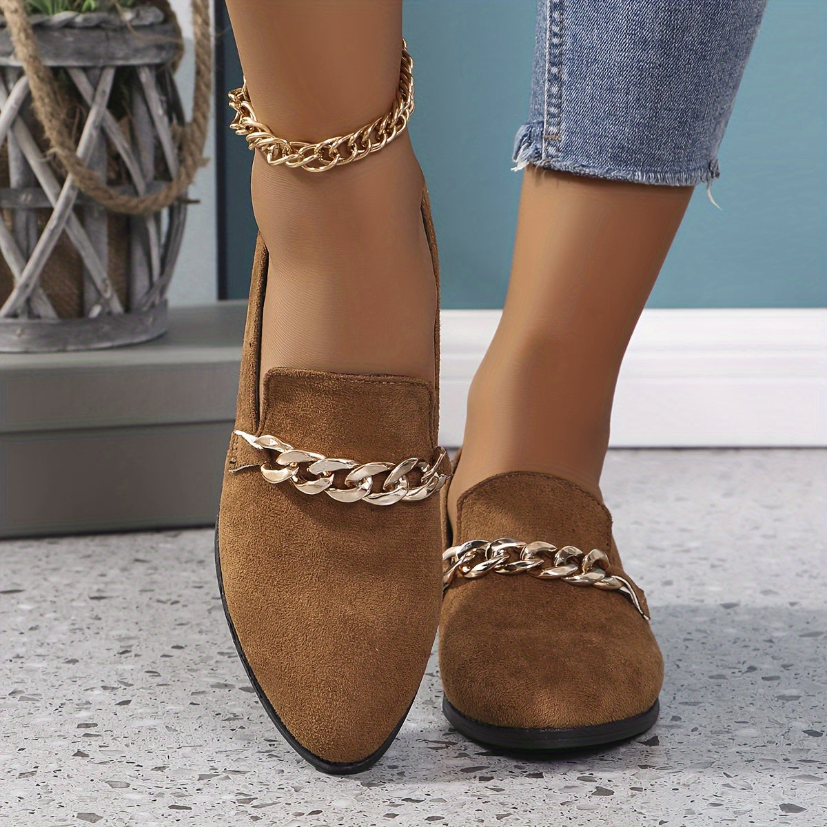 Women's Pointed Toe Flats with Gold Chain, Black Synthetic, Casual Shoes