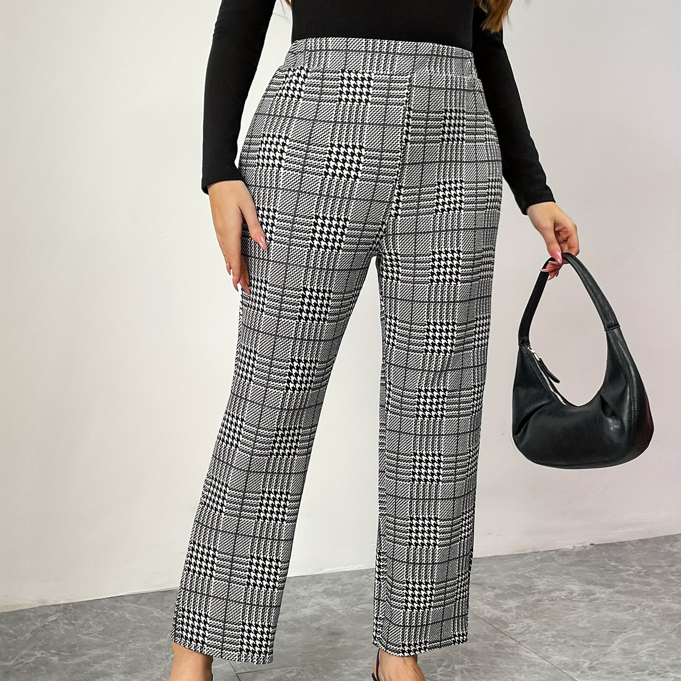Plus Size Women’s Straight Leg Pants Polyester Knit Geometric Houndstooth