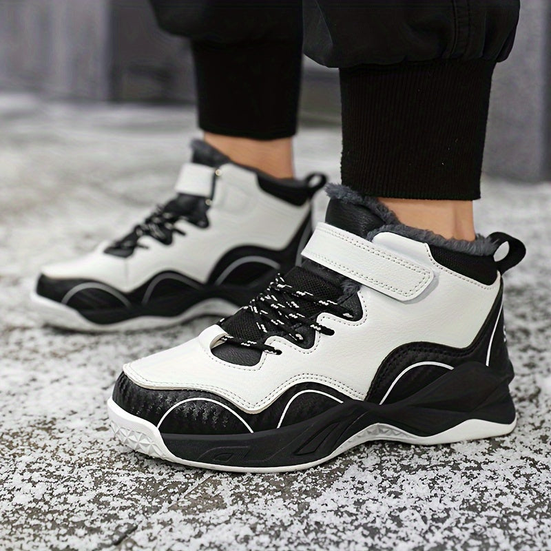 Kids Winter Basketball Sneakers High-Top Fleece-Lined Non-Slip Casual Outdoor Black White