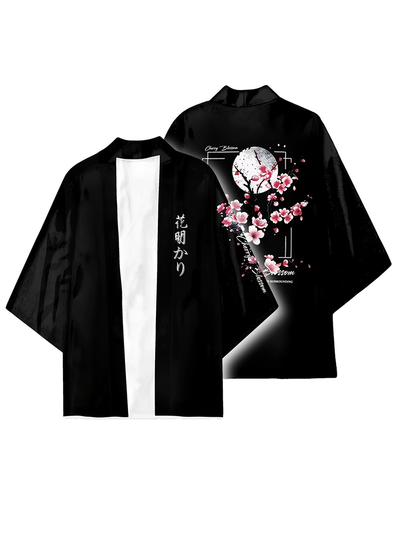 Men's Black Cherry Blossom Kimono Cardigan Open Front Floral Print Lightweight Polyester Casual