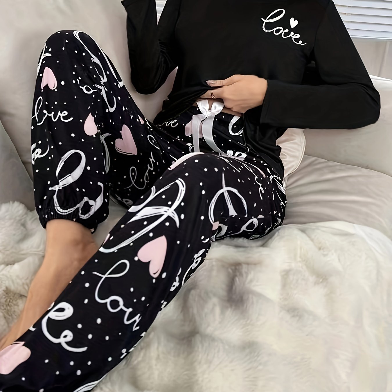 Women's Alphabet Print Long Sleeve Pajama Set Polyester Elastane Casual Sleepwear for Spring Fall