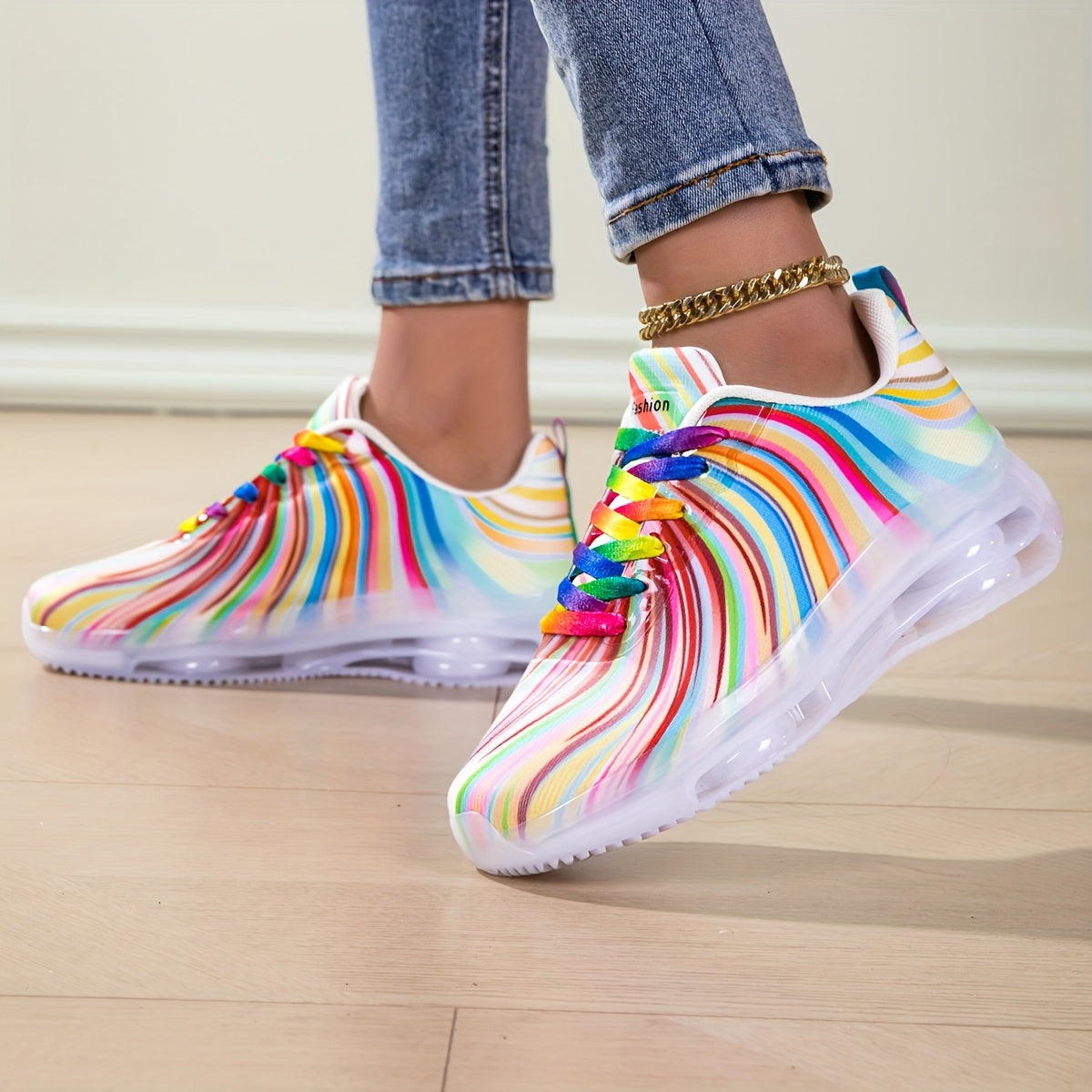 Women's Mesh Lace Sneakers with Rainbow Stripes Casual Flat Shoes for Summer