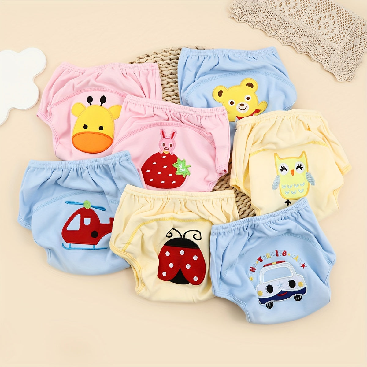 3 ta yuviladigan paxta o'qitish ichki kiyimlari to'plami, nafas oladigan mato bilan to'liq qoplangan potty o'rganish shimlari, 0-3 yoshdagi chaqaloqlar uchun mos - turli dizaynlar