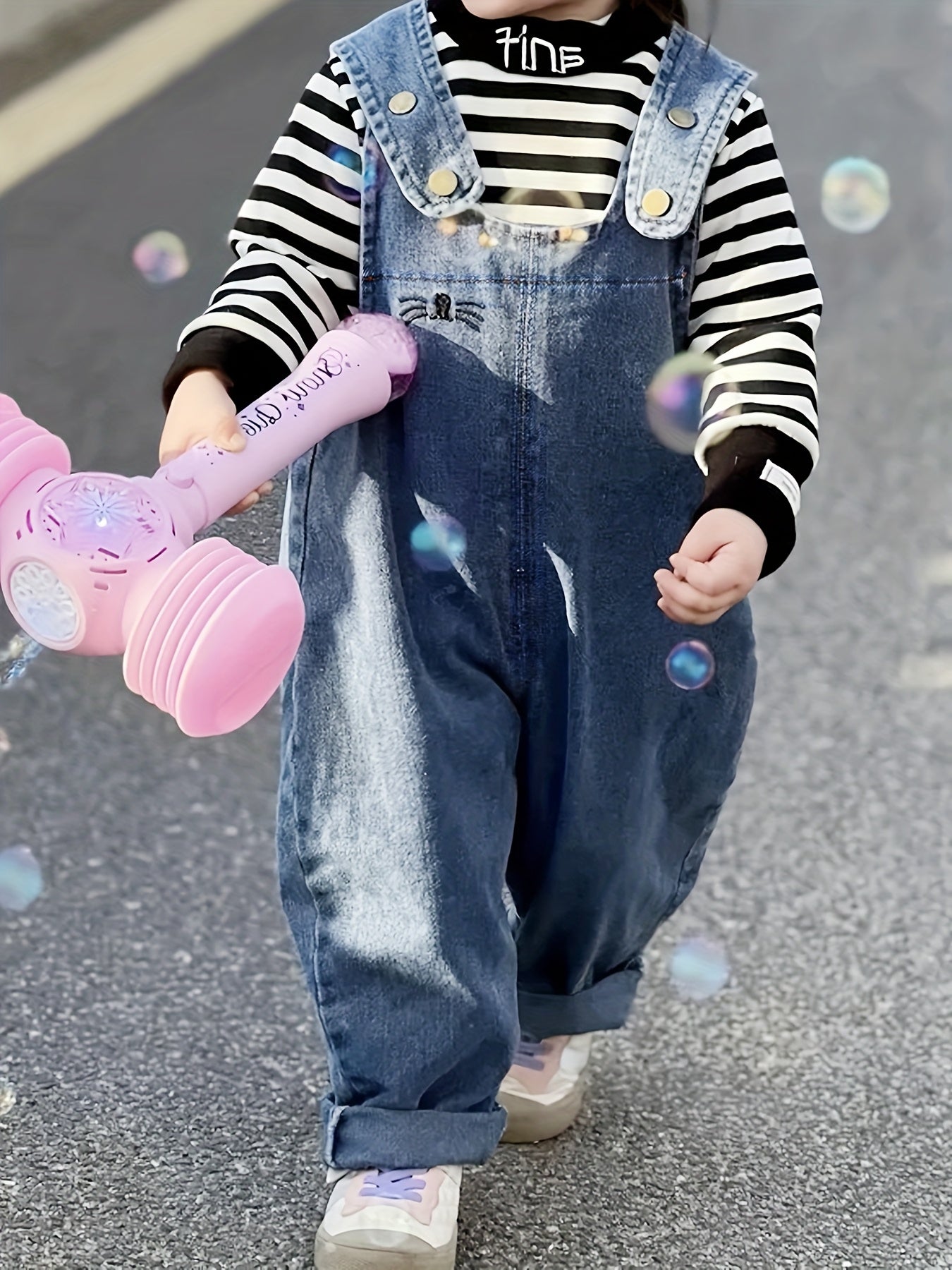 Kids Light Blue Denim Overalls with Rabbit Ear Details Casual Loose Fit for Spring and Autumn
