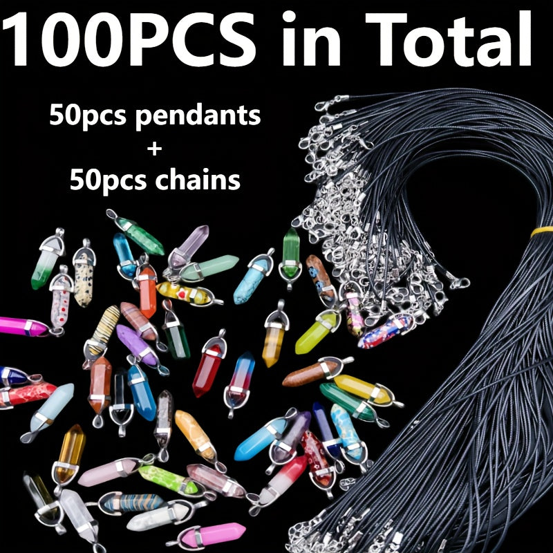 Black Faux Leather Rope Necklace with Crystal Hexagonal Pendant