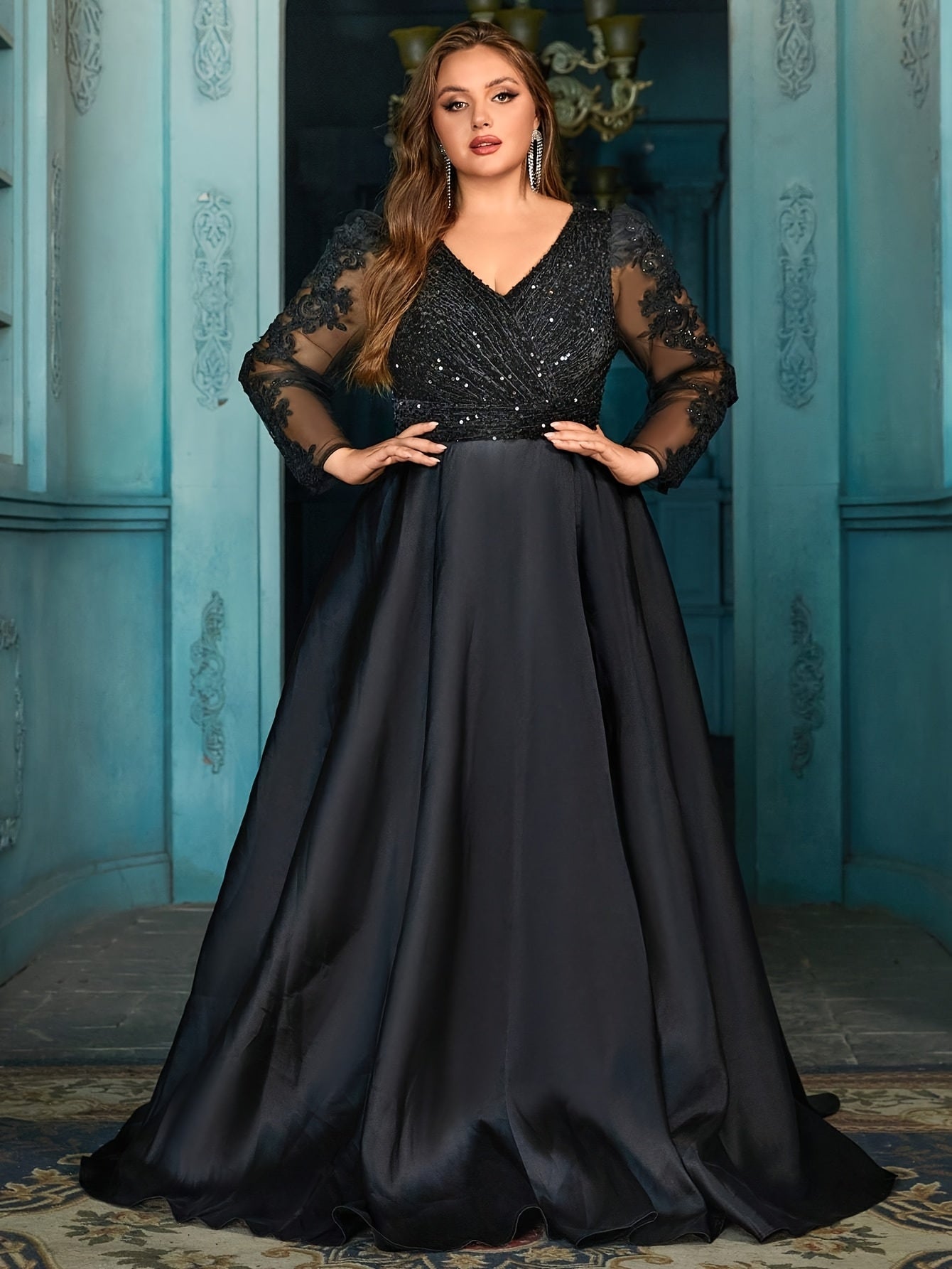 Plus Size V-Neck Long Gown with Rhinestone Embellishments Formal Evening Dress