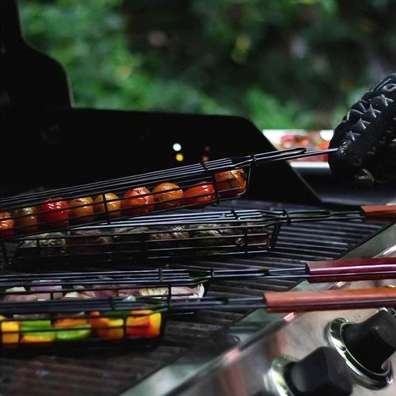 Heavy Duty Nonstick Steel BBQ Grill Basket with Flip Lid and Rosewood Handle 49cm