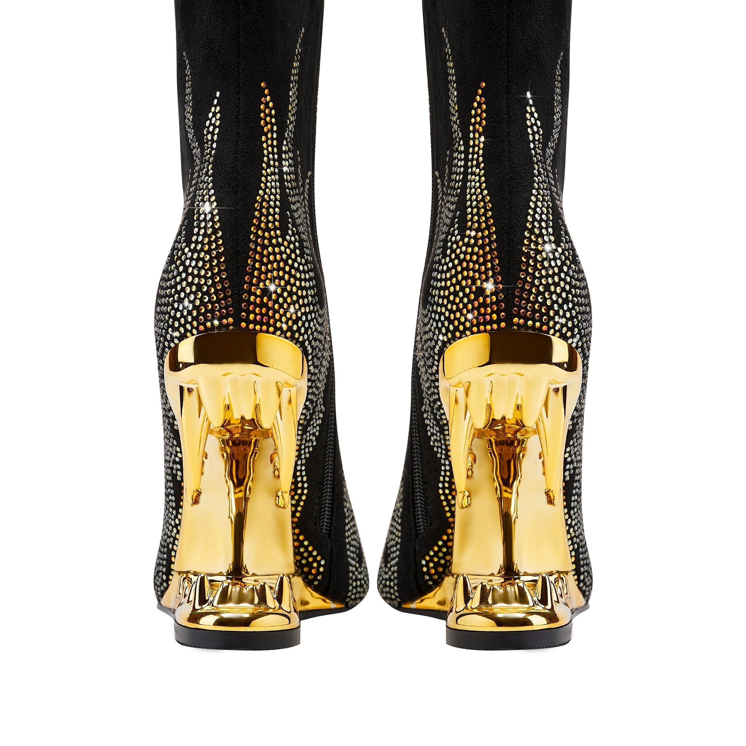 Women's Shiny Rhinestone Flame Pointed Ankle Boots Nude Heels