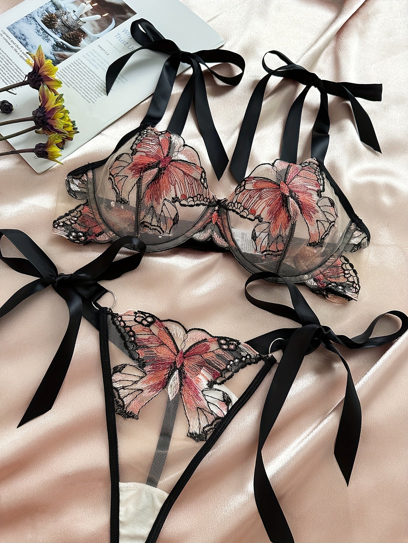 Women's Mesh Lingerie Set with Embroidered Butterfly Design Bra and Thong