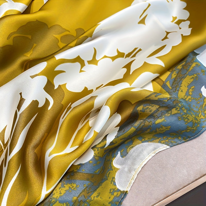 Yellow Plant Print Satin Scarf for Spring and Autumn Sunshade Beach Towel
