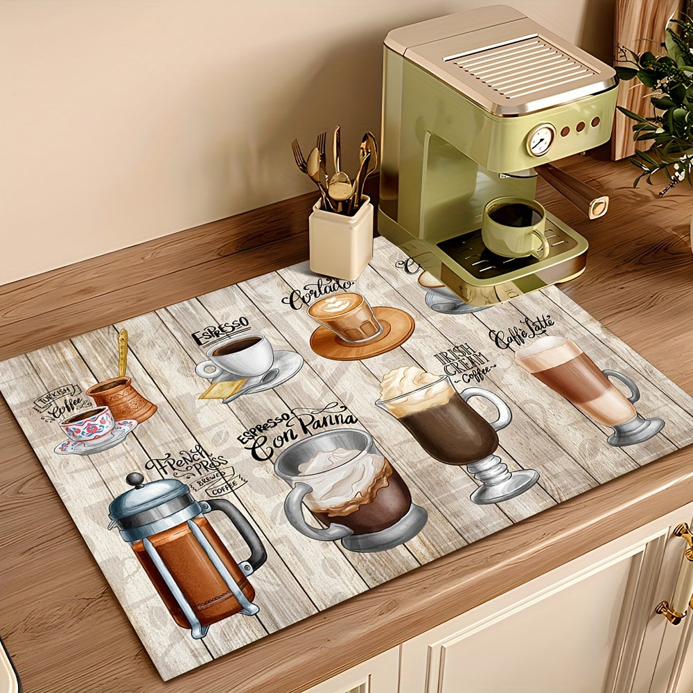 Vintage Coffee-Themed Absorbent Polyester Drying Mat with Rustic Wood Grain Design