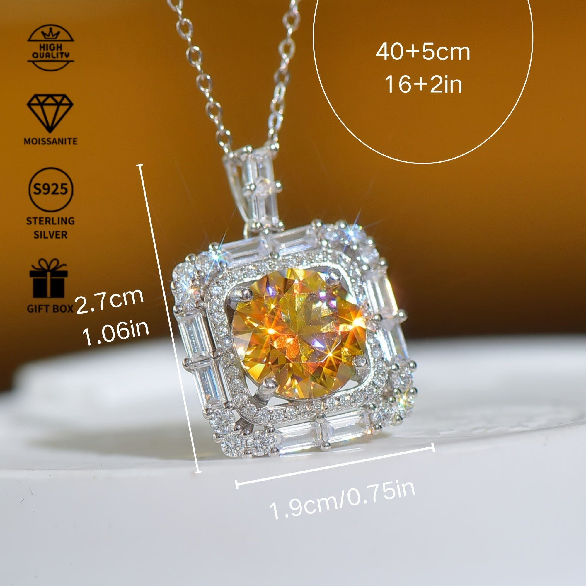 Sterling Silver Square Pendant Necklace 5 Carat Yellow Moissanite Jewelry
