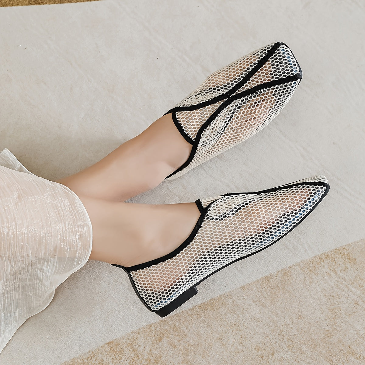 Women's Mesh Mary Jane Flats Slip-On Comfort Shoes with Square Toe