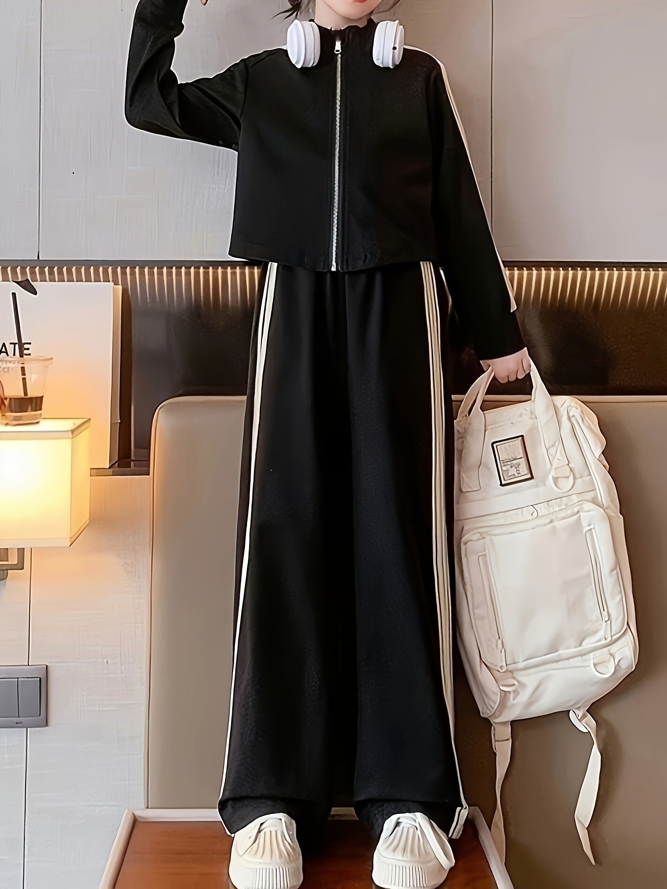 Kids' Knit Two-Piece Set with Jacket and Wide-Leg Pants, Long Sleeve, Spring Fall