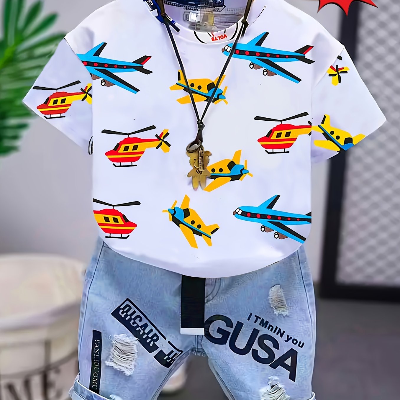 Kids Boys and Girls Cartoon Planes Print T-Shirt Summer Casual Polyester