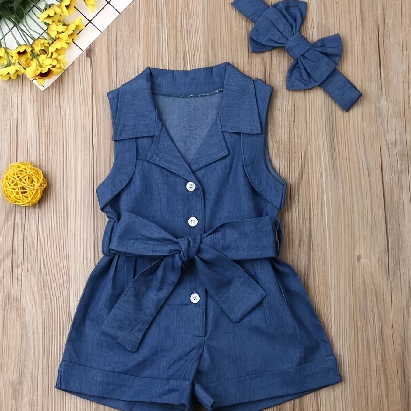 Kids' Summer Denim Romper Set with Belt and Bow Headband for Girls