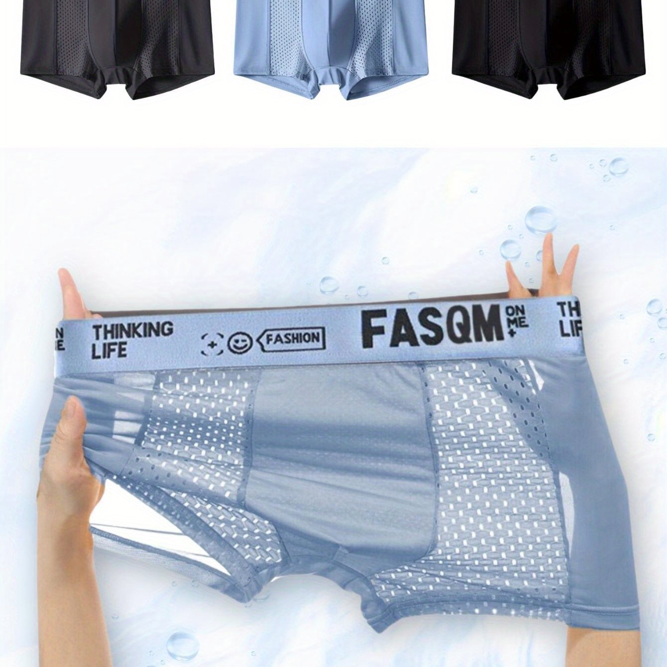 3-Pack Erkaklar uchun Bokser Shortlari, Havo O'tkazuvchi Tarmoq Patch va Elastik Polyester bilan, Osmon Moviy, Qora va Qora Kulrang Ranglarda.