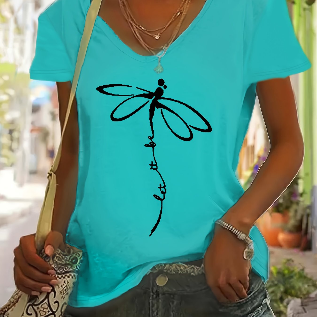 Plus Size Women's V-Neck T-Shirt Geometric Dragonfly Print Mint Green Black