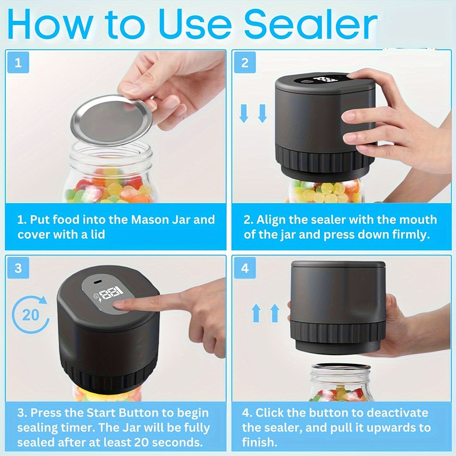 USB qayta to'ldiriladigan Mason bankasi oziq-ovqat vakuum yopish uchun pompali va yopish uchun aksessuarlar bilan