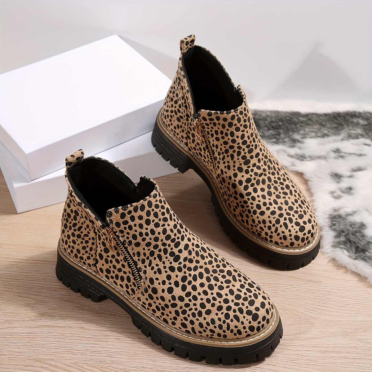 Women Leopard Print Ankle Boots with Zipper Low Block Heel Durable